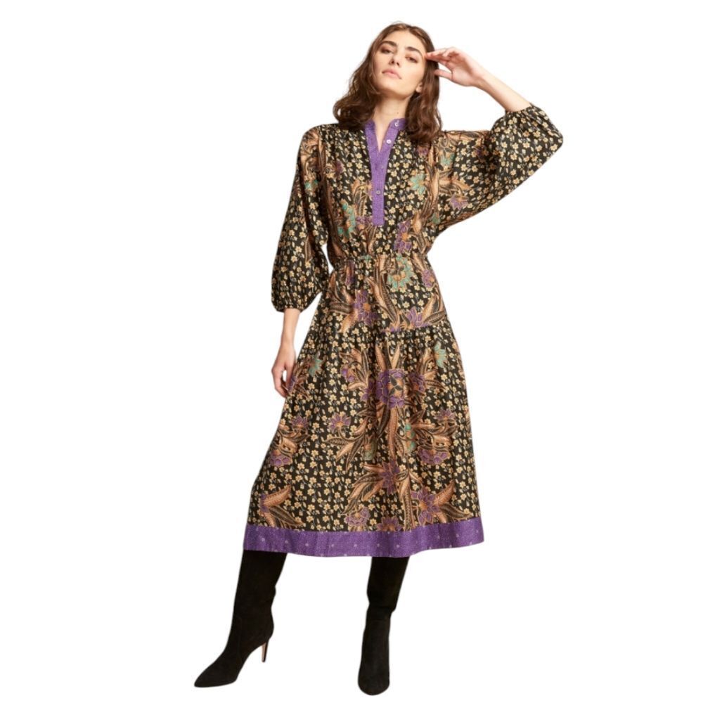 WARM‎ Canyon Club black floral paisley puff sleeve midi dress 1/S